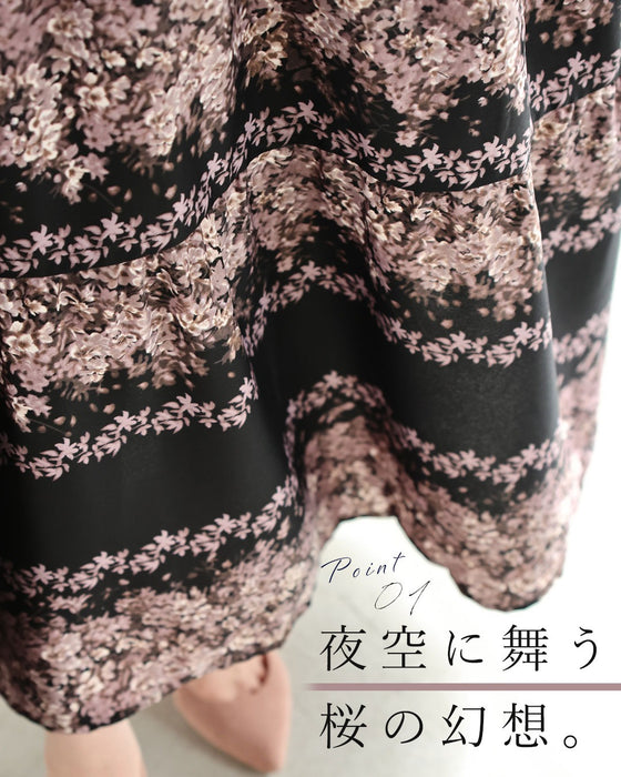 夜桜ロングワンピース（紐ベルト付き）