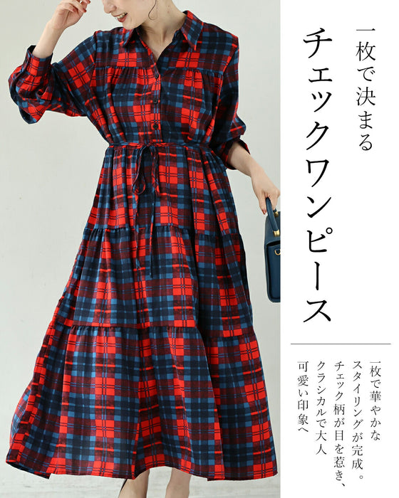 秋を色付けるバイカラーチェックロングワンピース（紐ベルト付き）