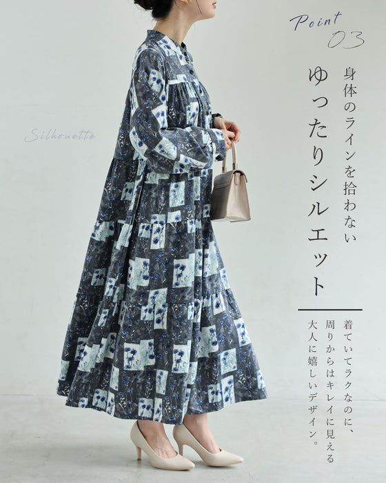 ブルーポピーのパッチワーク風ロングワンピース（紐ベルト付き）
