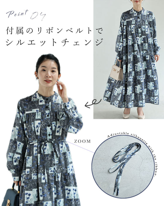 ブルーポピーのパッチワーク風ロングワンピース（紐ベルト付き）