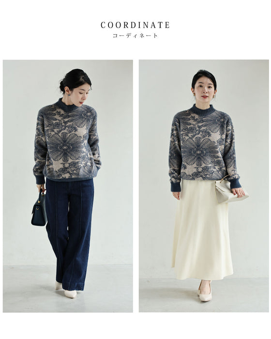 ふわふわシャギーの花画ニットトップス