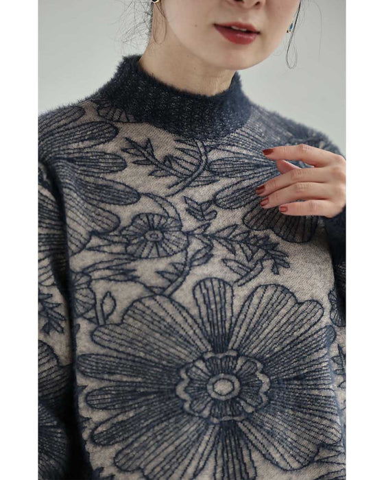 ふわふわシャギーの花画ニットトップス