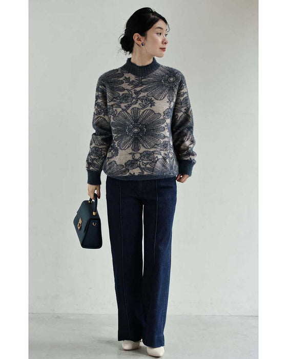 ふわふわシャギーの花画ニットトップス