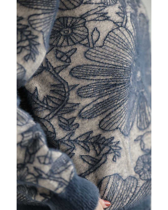 ふわふわシャギーの花画ニットトップス