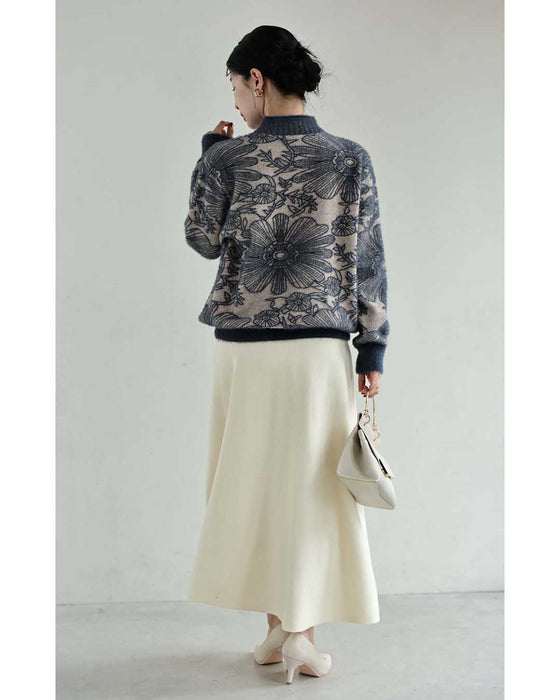 ふわふわシャギーの花画ニットトップス