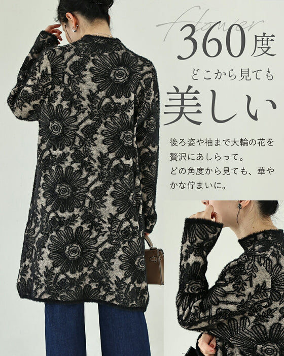ふわふわシャギーの花画ニットワンピース