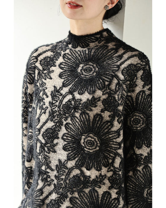 ふわふわシャギーの花画ニットワンピース