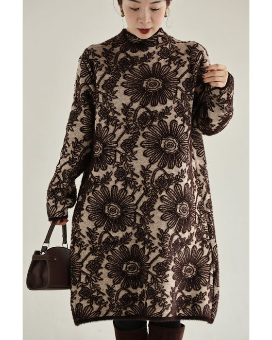 ふわふわシャギーの花画ニットワンピース