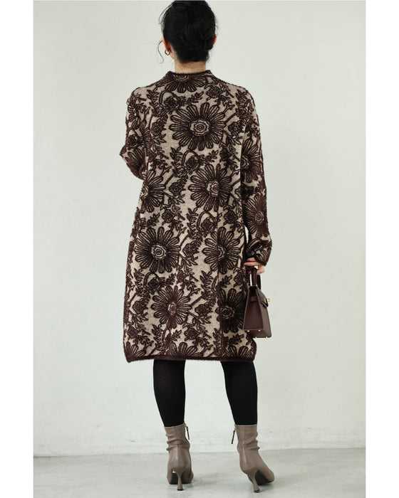 ふわふわシャギーの花画ニットワンピース