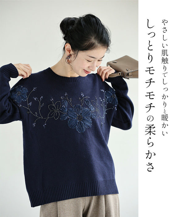 光の煌めき花ニットプルオーバートップス