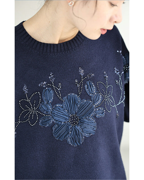 光の煌めき花ニットプルオーバートップス
