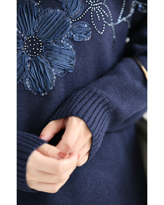 光の煌めき花ニットプルオーバートップス