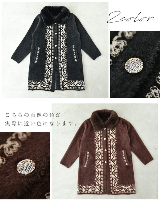 華やかアラベスク柄ファーニットコート