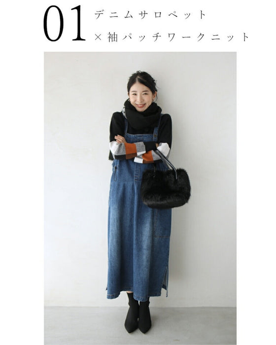 温かみあるブロックチェック袖ニットトップス