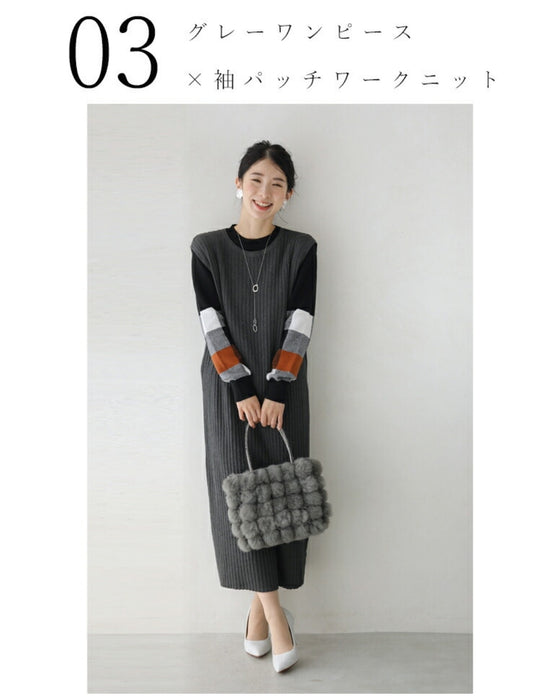 温かみあるブロックチェック袖ニットトップス