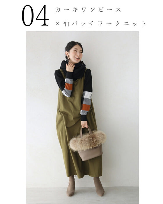 温かみあるブロックチェック袖ニットトップス