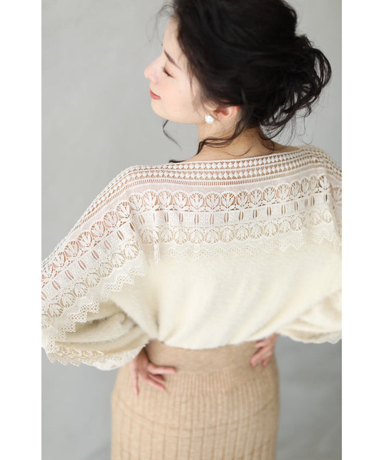 【アウトレット返品交換不可】美しいはしごレースのボートネックニットトップス