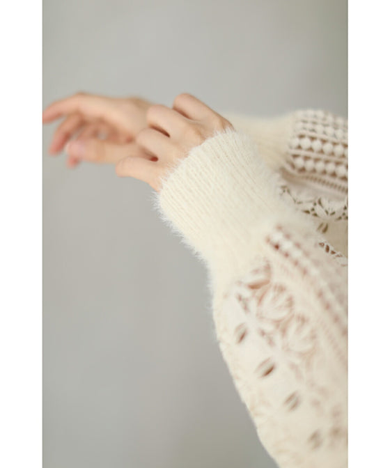 【アウトレット返品交換不可】美しいはしごレースのボートネックニットトップス