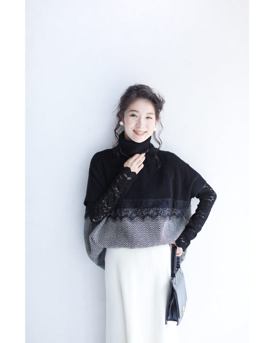 Two-tone square silhouette knit top with lace