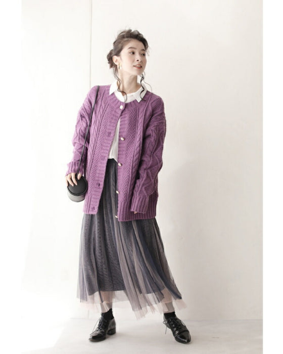 【セール商品返品交換不可】ゆったり厚手ケーブルニットカーディガントップス