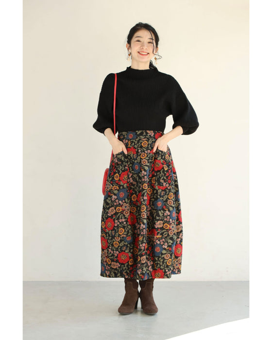 【CAWAII新春コーデセット】レトロムード薫るポワン袖ニット＆クラシカルコクーンスカート 2点コーデセット