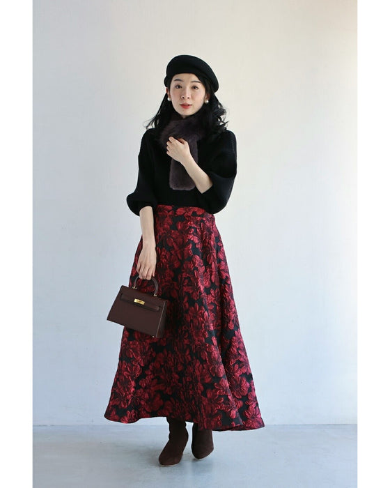 【CAWAII新春コーデセット】華やかポワン袖ニット & 才色兼備ジャガードスカート 2点セット