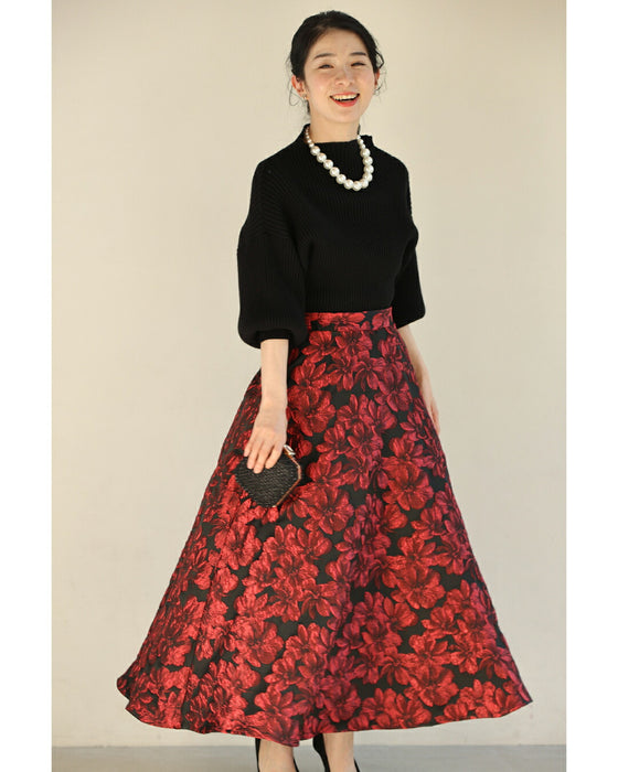 【CAWAII新春コーデセット】華やかポワン袖ニット & 才色兼備ジャガードスカート 2点セット