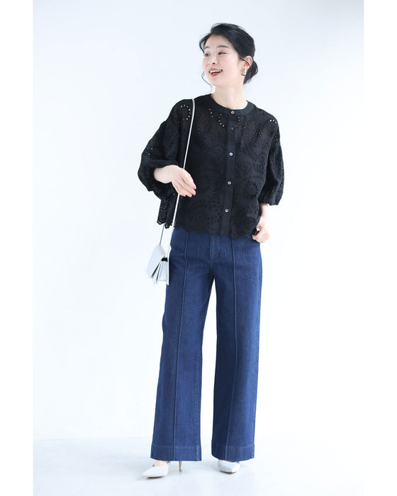 パンチングレースのブラウスとパンツ2点セット