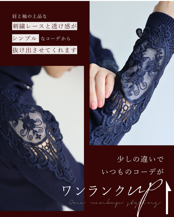 A turtleneck knit top with beautifully transparent lace on the shoulders and sleeves