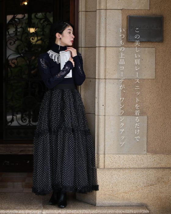 A turtleneck knit top with beautifully transparent lace on the shoulders and sleeves