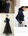 A turtleneck knit top with beautifully transparent lace on the shoulders and sleeves