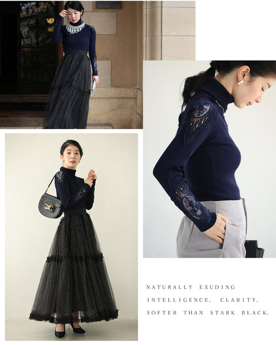 A turtleneck knit top with beautifully transparent lace on the shoulders and sleeves