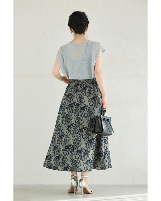 揺れるアジアンチャームの軽やかジャガードミディアムスカート