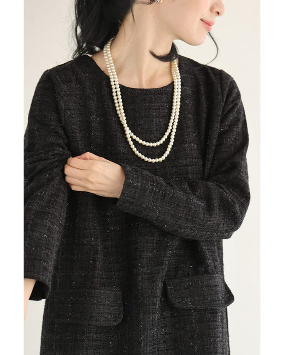 フォーマルにも活躍する。煌めくツイードミディアムワンピース