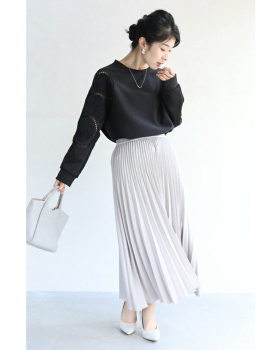 Glossy pullover top with floral relief sleeves