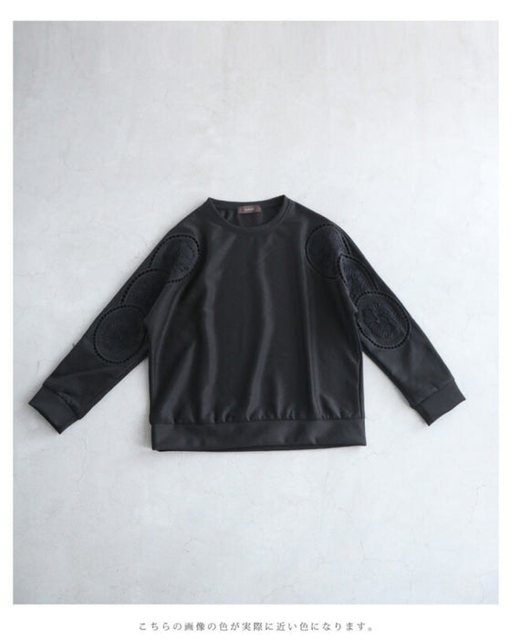 Glossy pullover top with floral relief sleeves