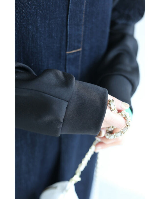 Glossy pullover top with floral relief sleeves