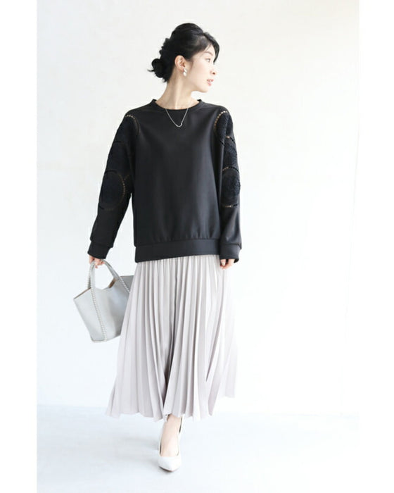 Glossy pullover top with floral relief sleeves