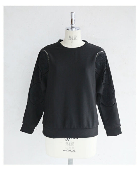 Glossy pullover top with floral relief sleeves