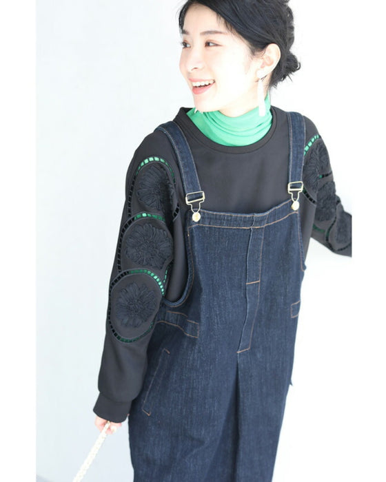 Glossy pullover top with floral relief sleeves