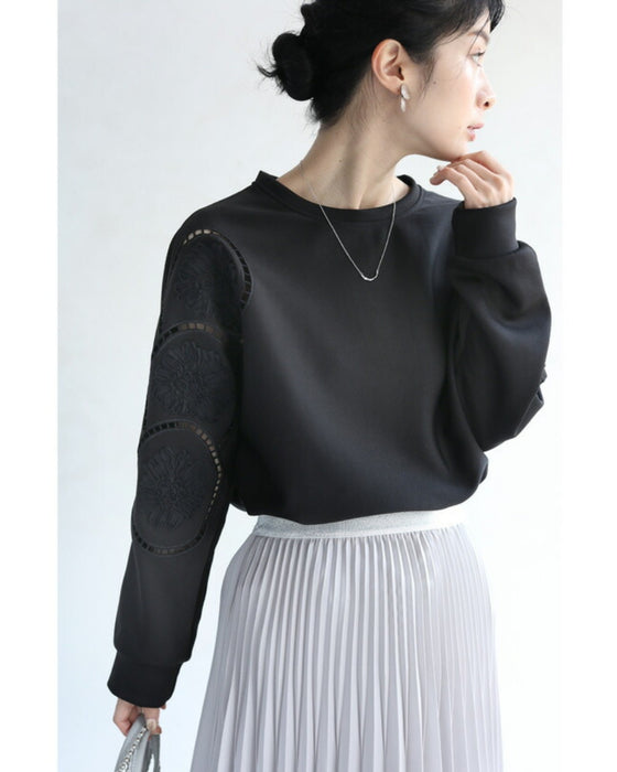 Glossy pullover top with floral relief sleeves