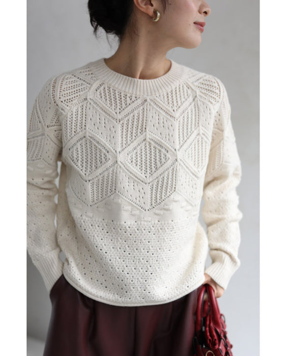 柄編みニットプルオーバートップス