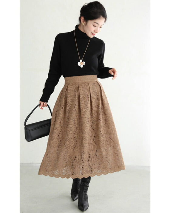 流れる優美な花の総レースミディアムスカート
