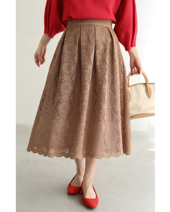 流れる優美な花の総レースミディアムスカート