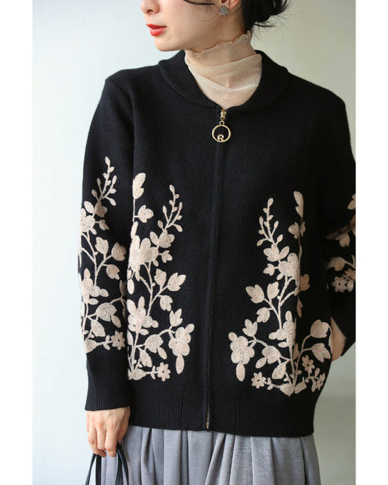 Flower embroidered zip-up knit blouson