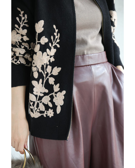 Flower embroidered zip-up knit blouson