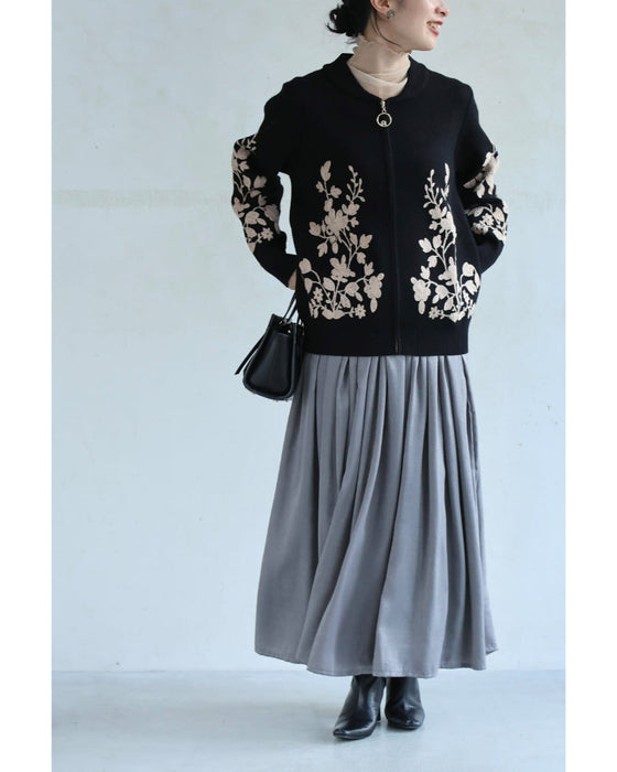 Flower embroidered zip-up knit blouson