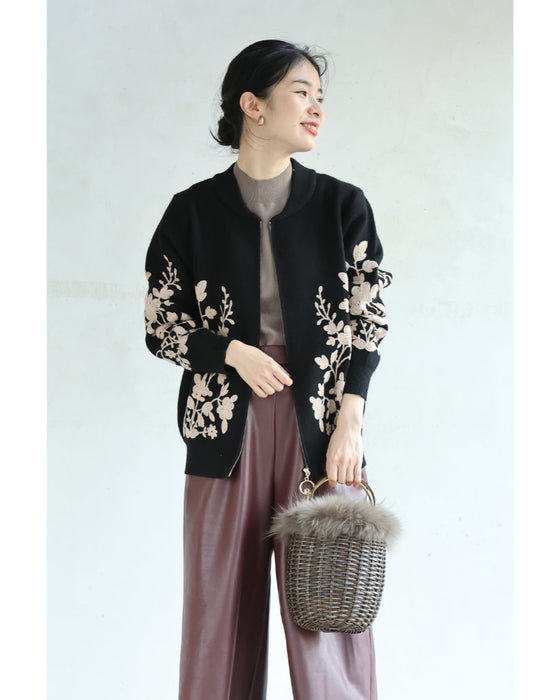 Flower embroidered zip-up knit blouson
