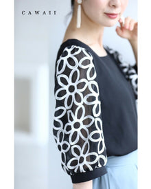  Sheer floral embroidered sleeve square neck blouse top
