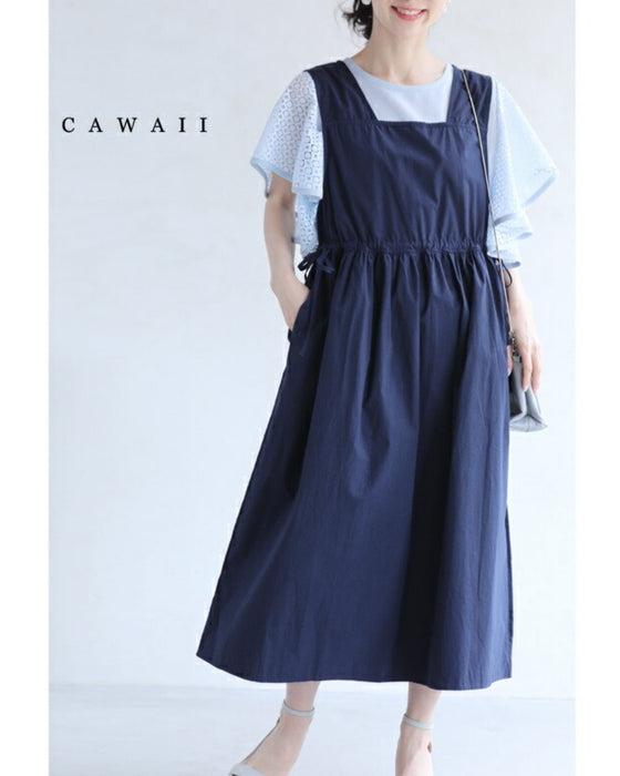 ウエスト絞れるサロペットミディアムワンピース